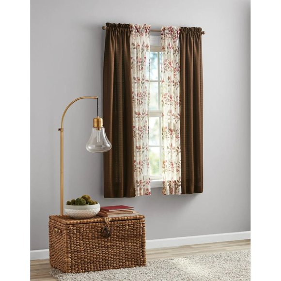 Brown Basket Leaves Window Curtain 4-Pc Room Shears Panels 25.5 W x 63 inch Each - Picture 2 of 6